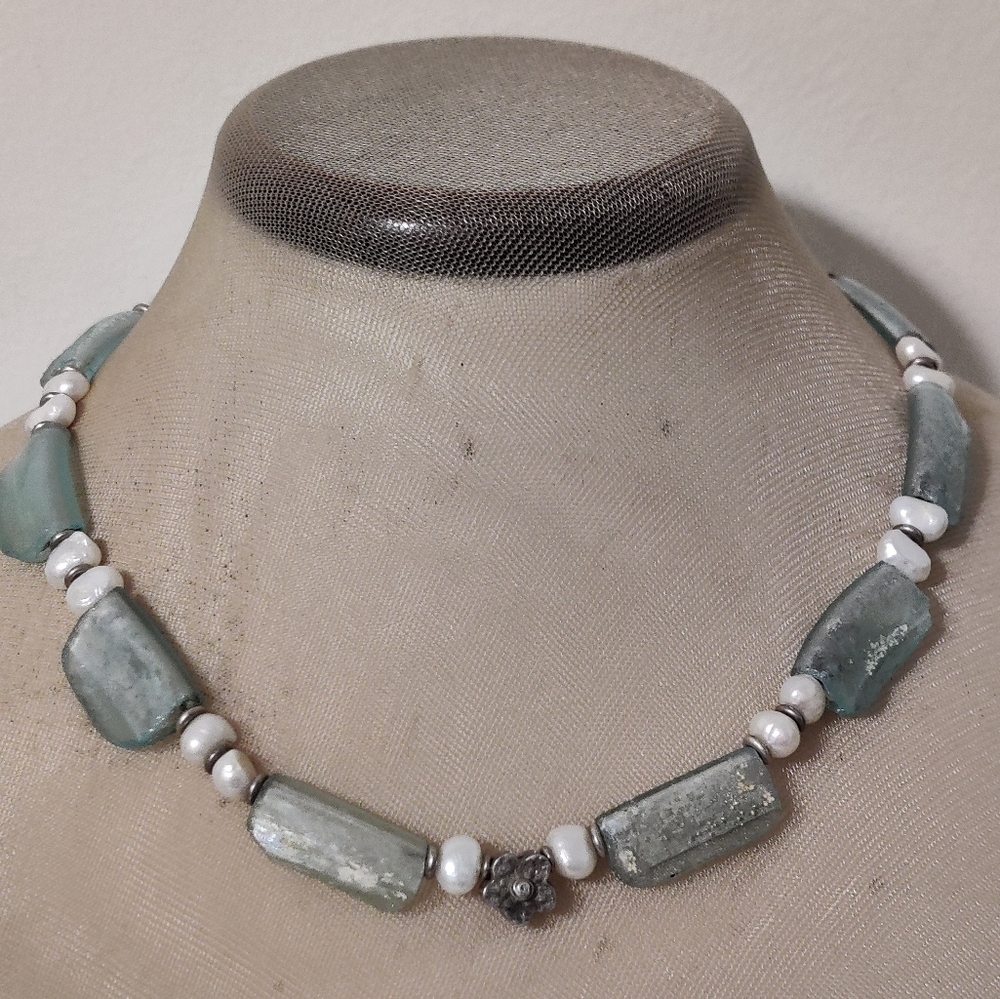 Vintage 14K White Gold and Genuine Roman Glass Necklace from the Holy Land